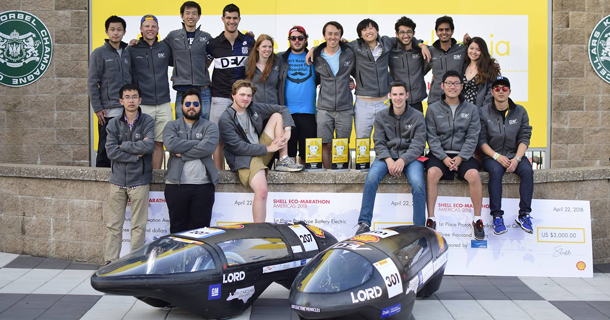 Duke Electric Vehicles students with their award-winning vehicles