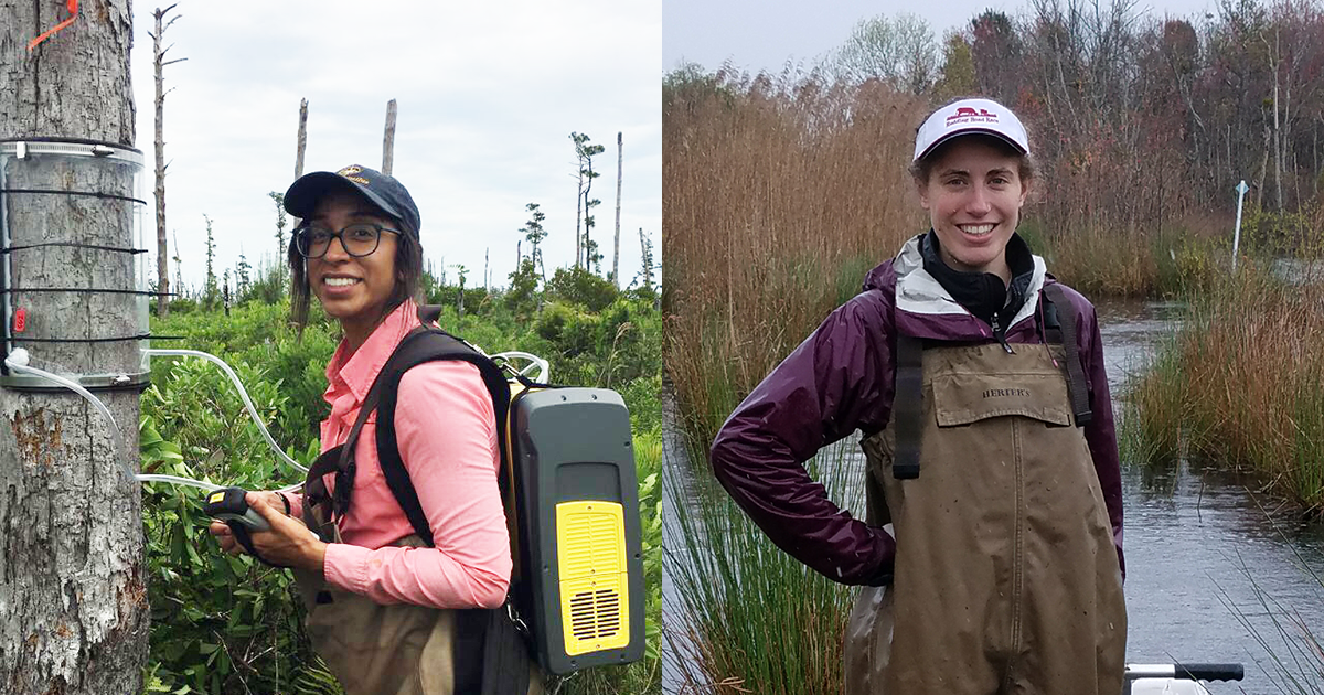 Previous graduate fellowship recipients Melinda Martinez and Emily Ury take greenhouse gas emission measurements in a forested wetland.