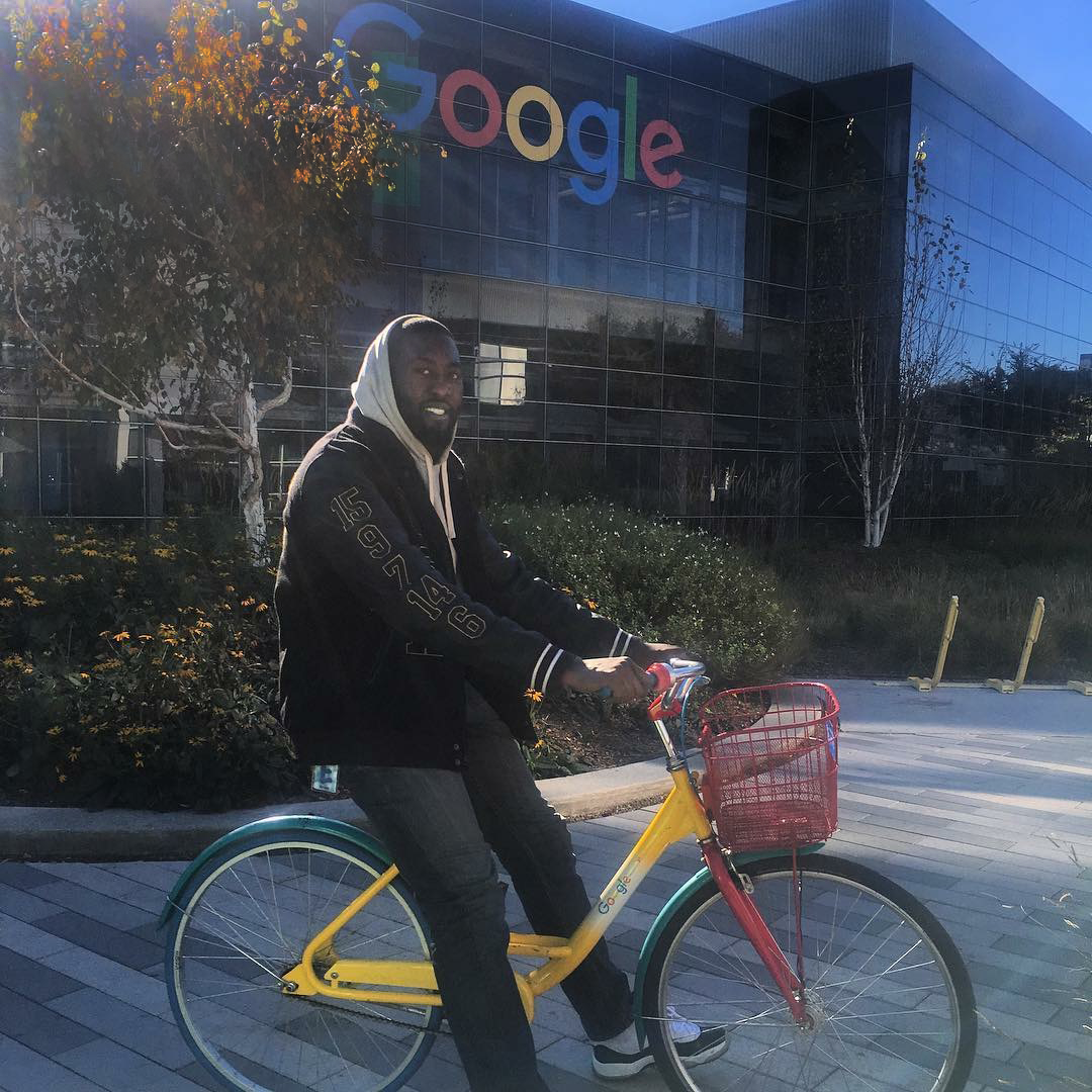 Parker borrows a Google shared bike to navigate around the Google Mountain View campus in California.