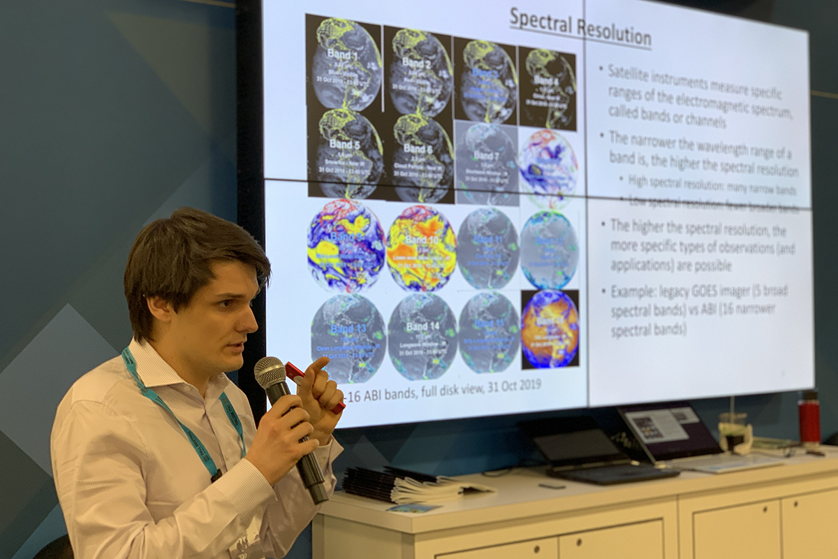 Theurer speaks at the 2019 annual American Geophysical Union (AGU) Fall Meeting in San Francisco. He delivered a presentation at NOAA's booth on the satellite technology NOAA uses and the products they can create from these satellites.