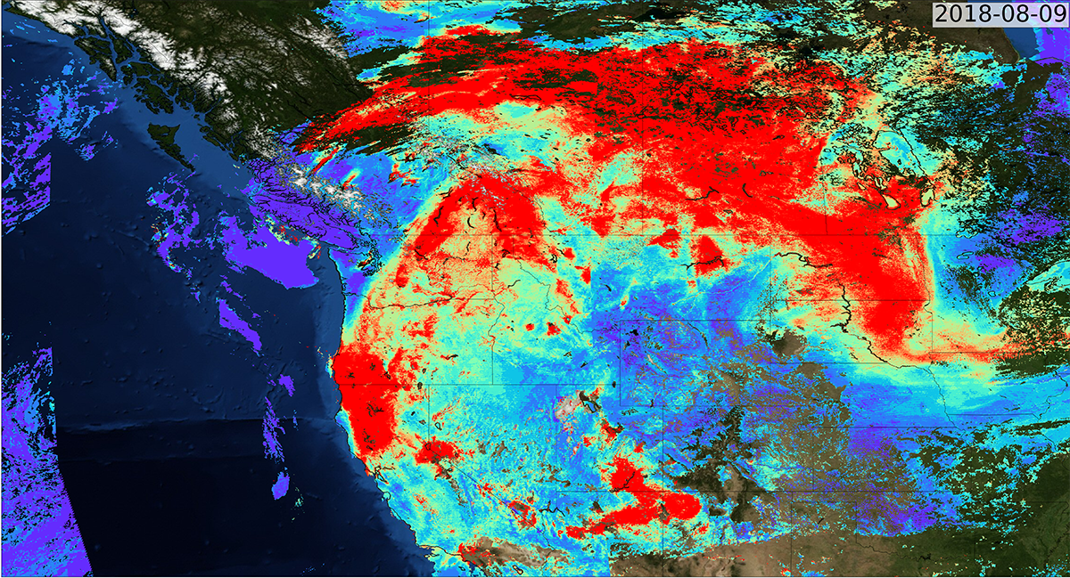 A satellite image of aerosols from the 2018 California fires drifting from California up to Canada.