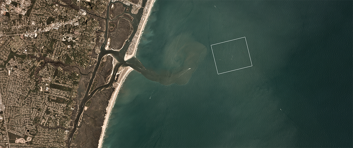 A box shows the location of one of the artificial reefs Ricci is studying, off the coast of Wilmington, North Carolina.