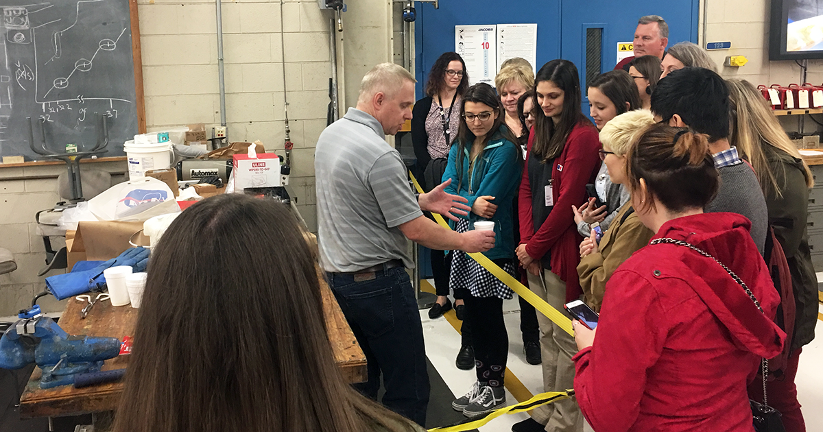 The 2019 Pre-Service Teacher Scholars watch a demonstration with a NASA education expert at NASA Langley Research Center.