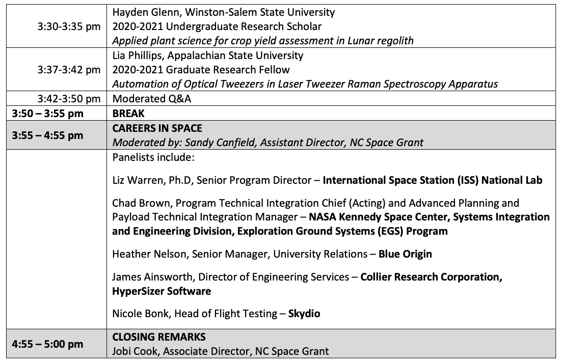 2021 Detailed Agenda North Carolina Space Grant