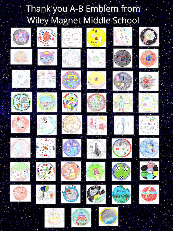 Poster with 51 patch designs created by NCSEA program advisor Betty Jo Moore's students at Wiley Magnet Middle School in Winston-Salem 