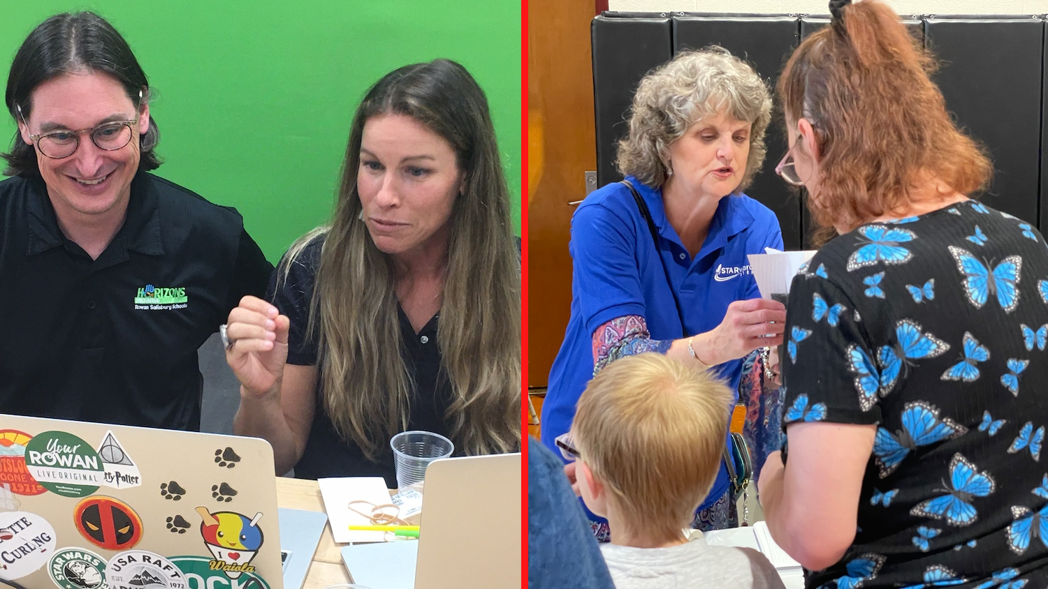 Left: Two NC Space Education Ambassadors lead a workshop on their laptop. Right: An AMbassador leads a mother and son through a STEM activity at a science fair.