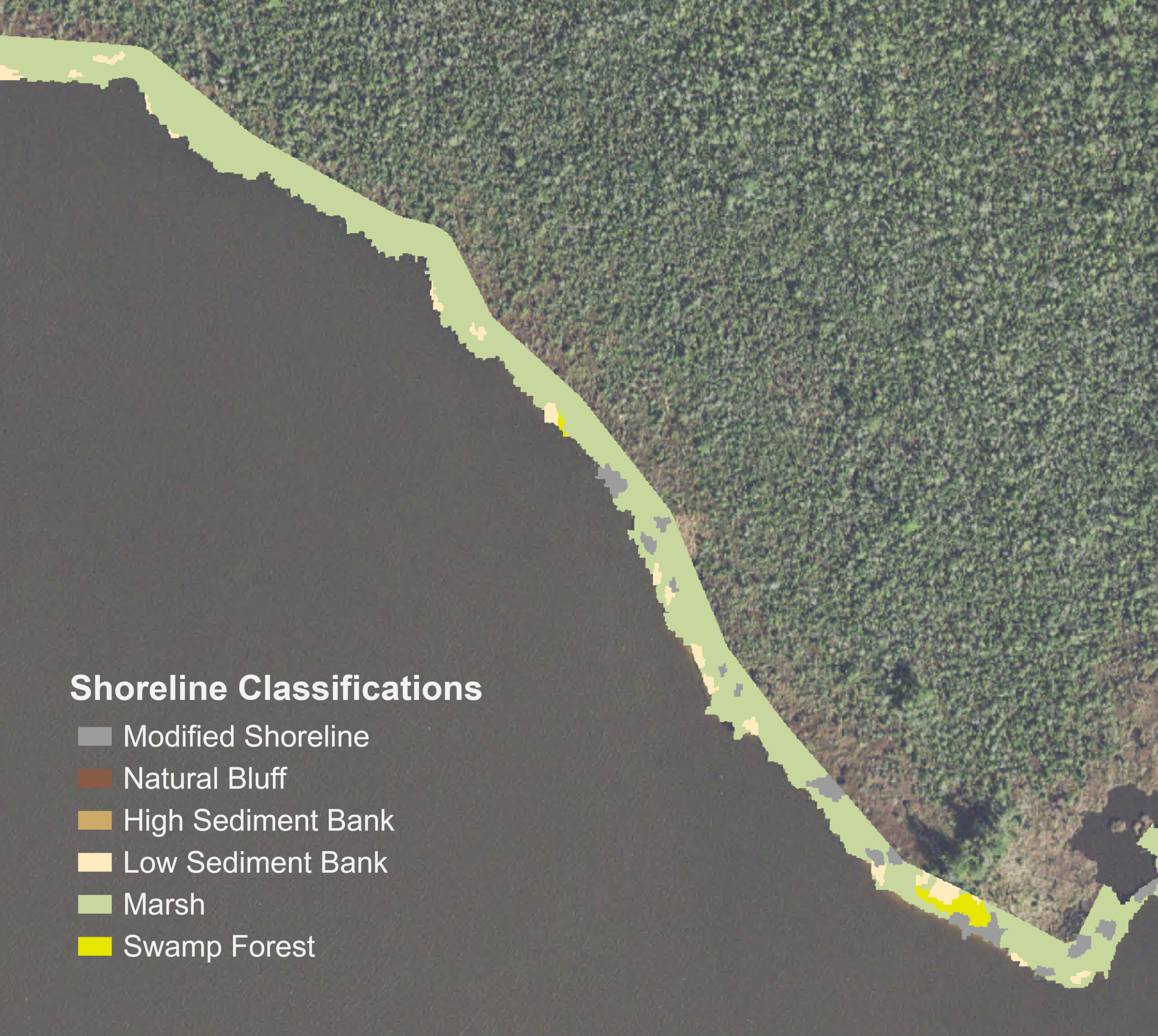 Aerial picture of north Neuse River Estuary overlaid with shoreline classifications: modified shoreline, natural bluff, high sediment bank, low sediment bank, marsh, swamp forest