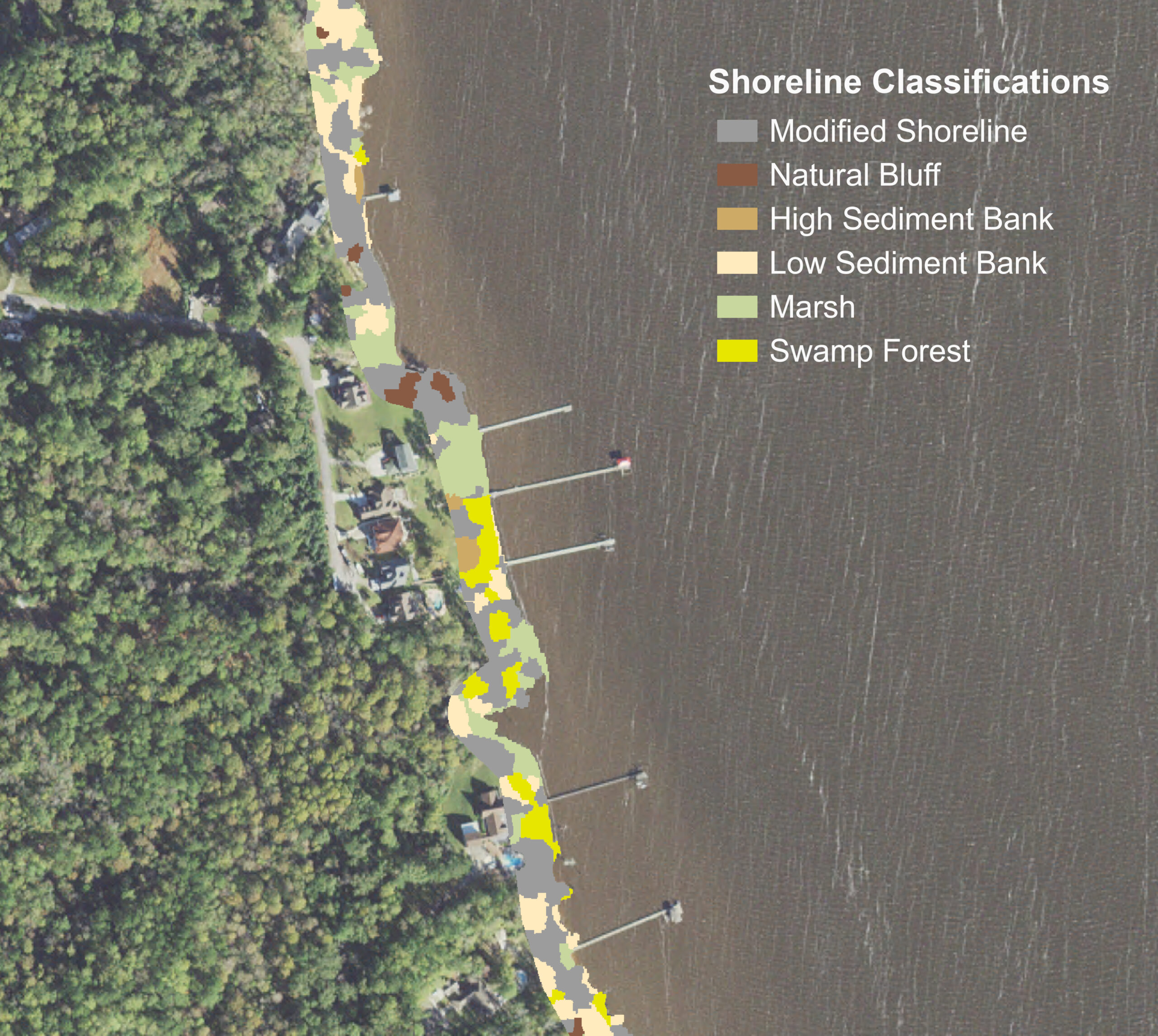 Aerial picture of south Neuse River Estuary overlaid with shoreline classifications: modified shoreline, natural bluff, high sediment bank, low sediment bank, marsh, swamp forest
