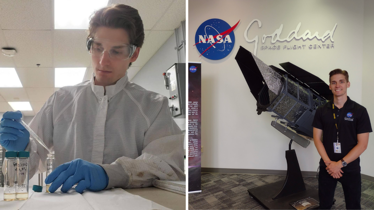 Two-image collage. Left image is of student conducting experiment, which involves using a pipet. Right picture is student posing beside a mini replica of NASA's Nancy Grace Roman Telescope.