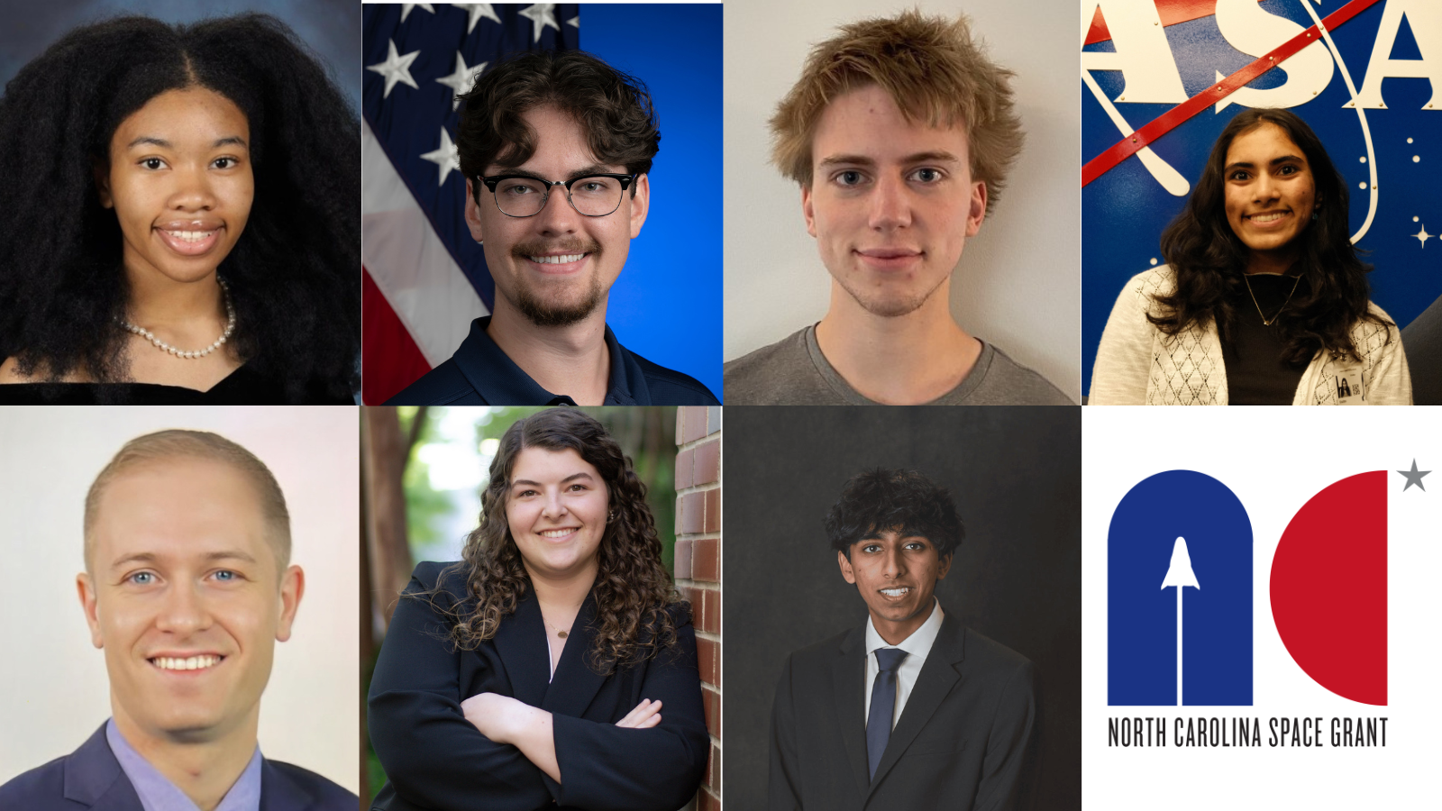 Headshots of seven of the NASA and career interns + the NC Space Grant logo