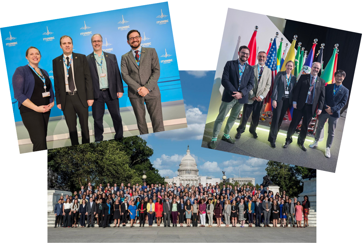 A photo collage of various groups of people standing in front of flags, the capitol, and an ITUWRC backdrop.