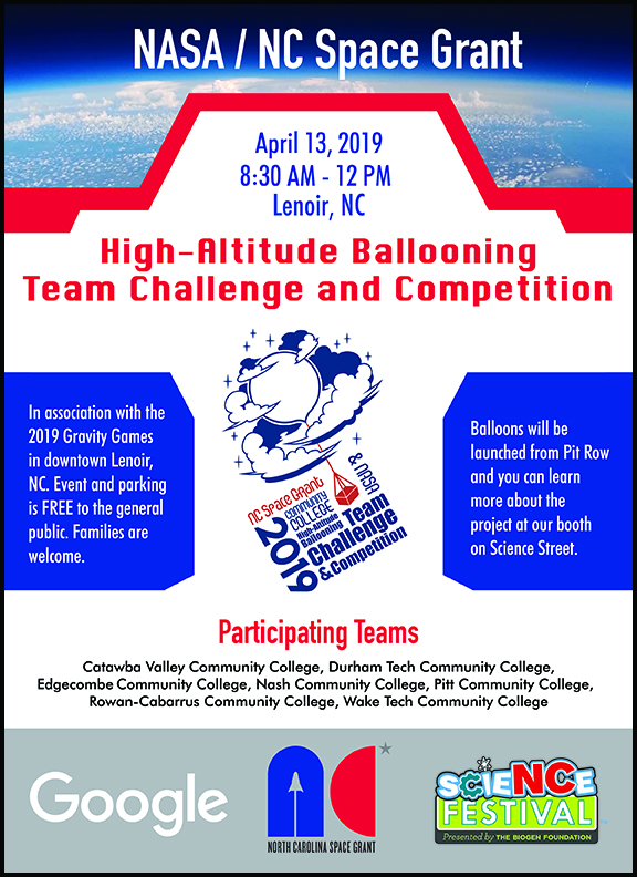 April 13, 2019, 8:30 AM to 12 PM. In association with the 2019 Gravity Games in downtown Lenoir, NC. Event and parking are FREE to the general public. Families are welcome. Balloons will be launched from Pit Row. Learn more about the project at our booth on Science Street.