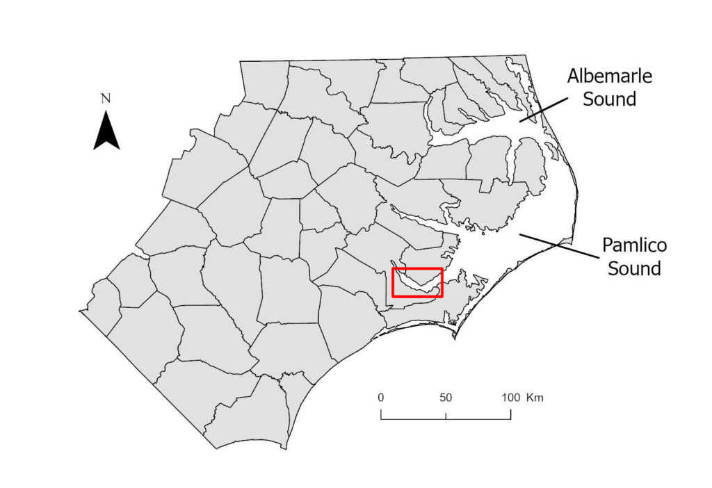 Map of eastern North Carolina indicating the location of the Neuse River Estuary